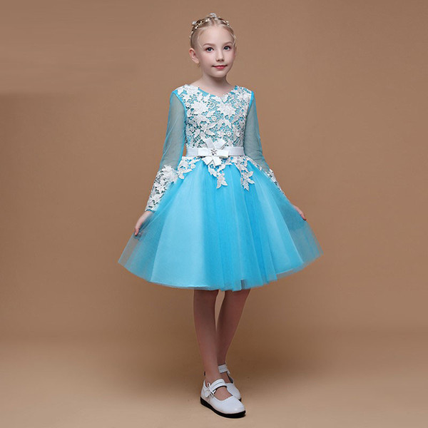 100% High Quality Full Sleeves Style White Appliques Dress Girl's Party Knee Length Child Birthday Gown Communion Dress