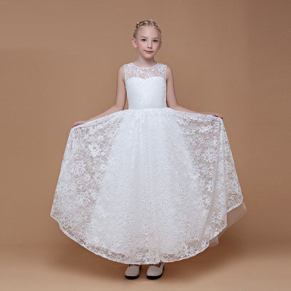 2018 Autumn Collection Sleeveless Style White Lace Dress Girl's Party Floor Length Good Quality Child Birthday Gown Communion Dress