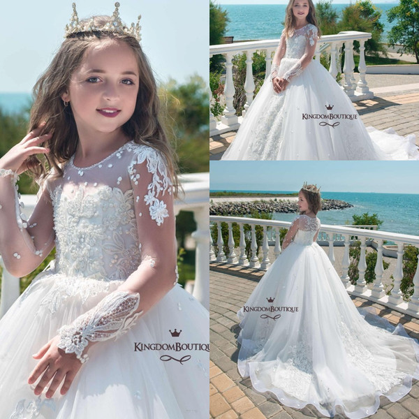 Flower Girl Dresses Ball Gown Jewel Long Sleeve Sweep Train Girls Pageant Dresses With Applique Tulle For Children Party