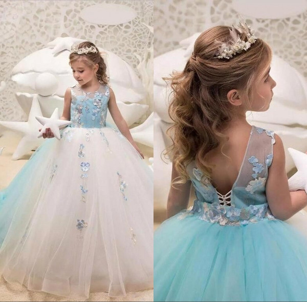 Princess Sky Blue Girls Pageant Dresses Jewel Neck Lace Flowers Ball Gown Tulle Corset Back Flower Girls Dresses