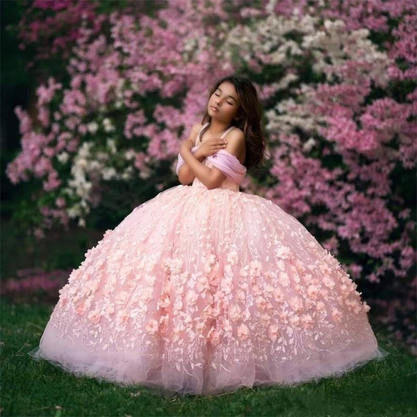 Stunning 3D Pink Flora Girls Pageant Dresses Ball Gown Off Shoulders Appliques Puffy Long Kids Toddler Formal Dress Flower Girl Dress