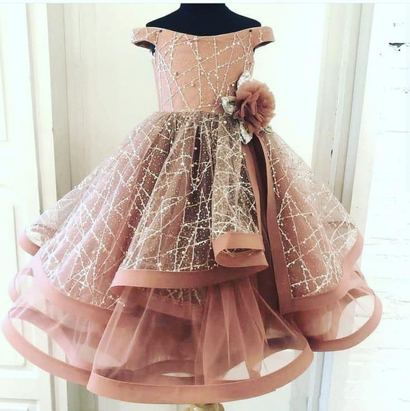 Blush Pink New Flower Girl Dresses Ball Gown Little Girl Wedding Dresses Vintage Off Shoulder Communion Pageant Dress