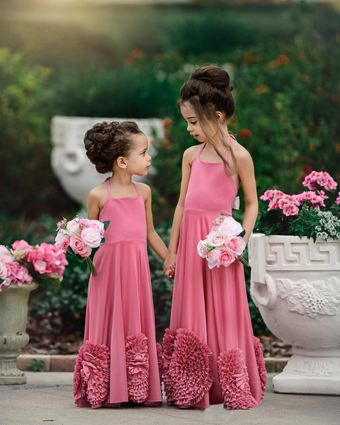 Watermelon New Designer Flower Girl Dresses Handmade Flowers Halter Neck Kids Formal Wear Gowns for Garden Weddings Guest Girls Dress