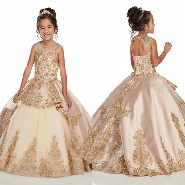 Gold Applique Lace Champagne Girls Pageant Dresses Cap Sleeve Jewel Beaded Crystal First Communion Flower Girls Dress BC2500