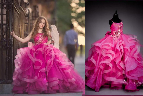 Luxury Fuchsia Spagheti Ball Gown Flower Girl Dresses Vintage Crystal Beaded Girl Formal Party Birthday Pageant Gown Wedding Dresses