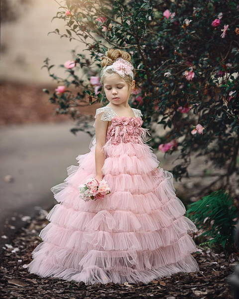 Princess Lovely Pink Flower Girl Dresses Cake Dress Tiered Tulle Handmade Flowers Girls Pageant Dress Weddings Guest Girls Dress