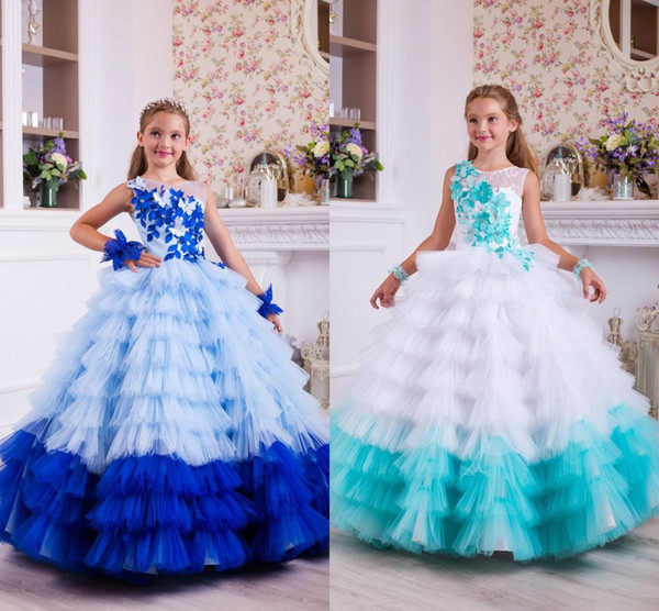 Luxury Royal Blue Lace Appliqued Flower Girl Dresses Vintage 3D Flowers Tiered Girl Formal Party Wedding Dresses