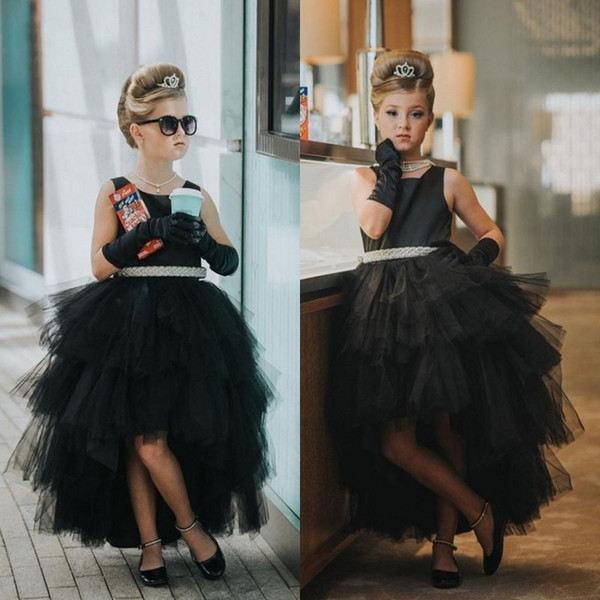 Little Black Ruffles Tulle Girl Pageant Dress Cute Crew Neck A Line Hi-lo Flower Girl Dress with Sash