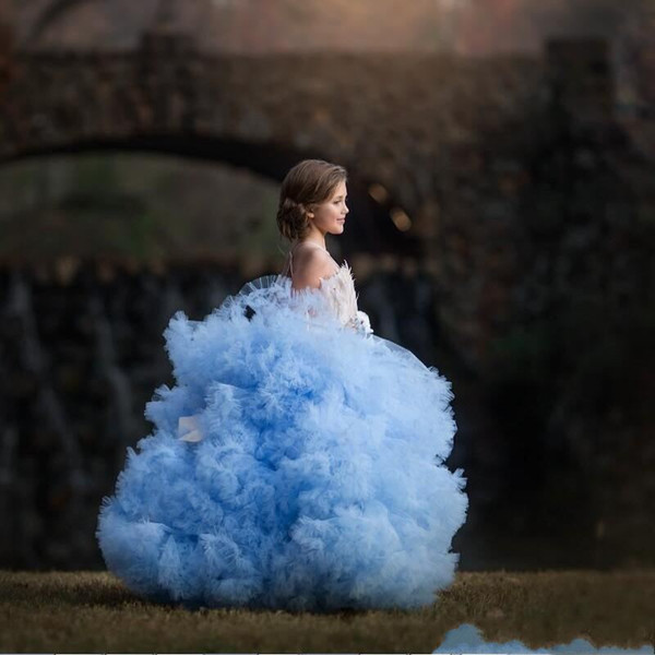 Luxury Sky BLue Ball Gown Flower Girl Dresses Vintage Lace Appliqued Girl Formal Party Birthday Pageant Gown Wedding Dresses