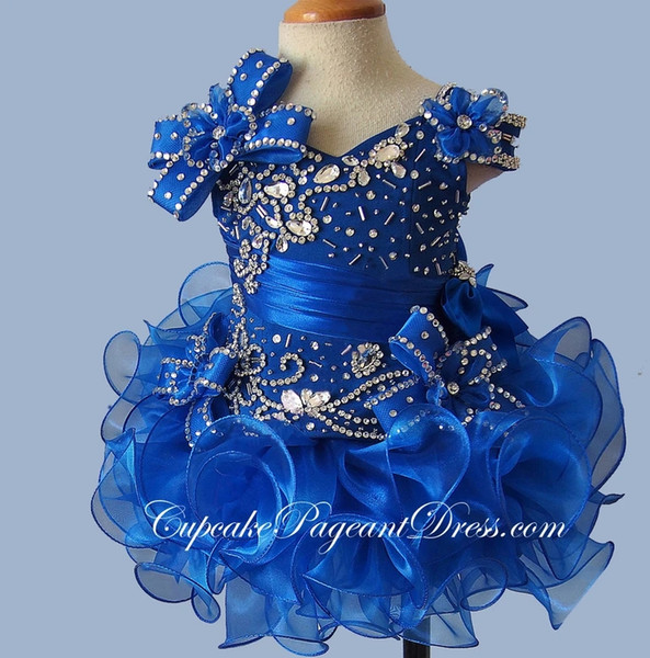 Glitz Crystal Bodice Little Girl Cupcake Pageant Dresses New Royal Blue Short Cascading Ruffles Organza Flower Girls Gowns
