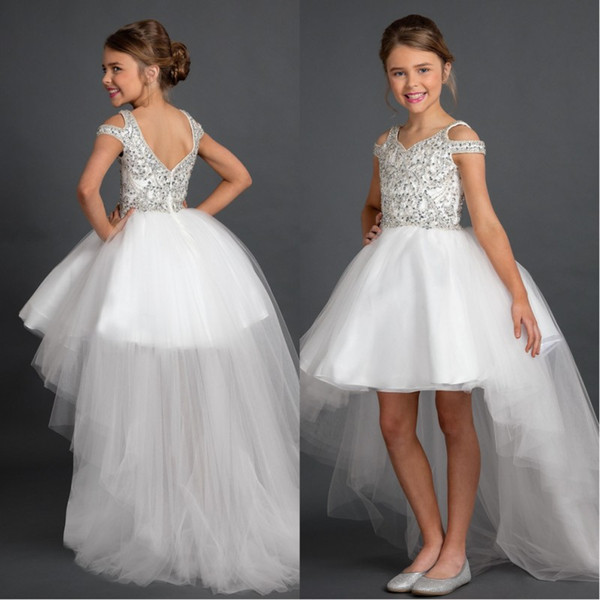 Bling Hi Low Off Shoulder Girls Pageant Dresses With Sleeves A line Sparkly Beaded Crystal Tulle Kids Formal Party Hi Low Dress