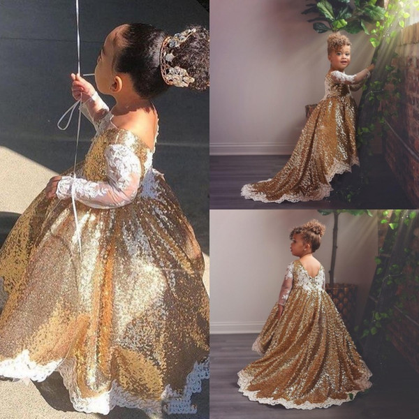 Reflective Gold Sequin Ball Gown Girls Pageant Dress Formal Lace Applique Edge Long Sleeve Flower Girl Dress Cute Toddler Birthday Wear