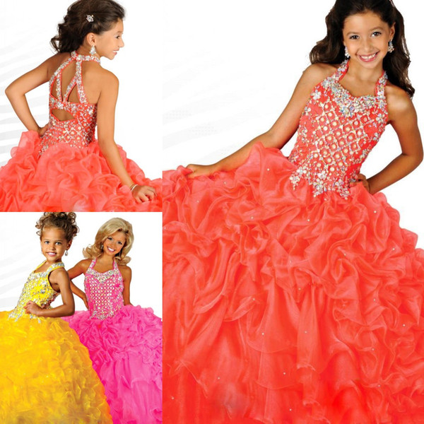 Organza hot sale ball gown glitz girls pageant dresses organza piping backless pink yellow full length flower girl gowns RG6687