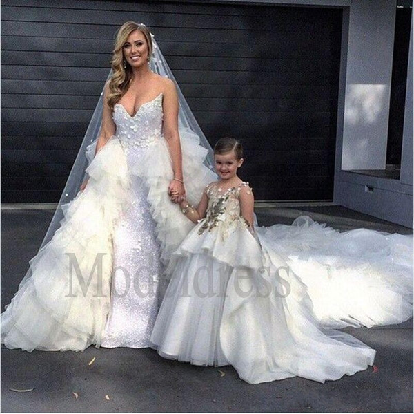 Princess Gold Appliques Sequins Ball Gown Flower Girls Dresses For Wedding Organza With Long Train Girls Pageant Dresses For Little Girls