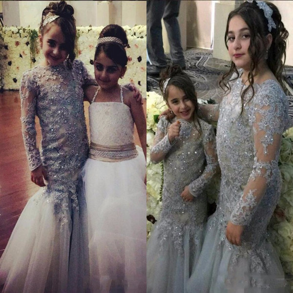 Beaded Appliques Grey Flower Girl Dresses New Vintage Long Sleeves Mermaid Kids Formal Party Wear Gowns Kids Pageant Dresses