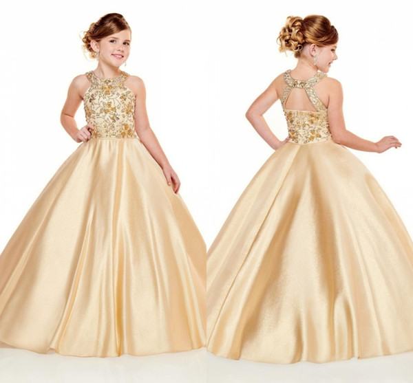 New Arrival Girls Pageant Dresses Halter Neck A Line Gold Beads Crystals Top Long Toddler Kids Formal Party Prom Gowns Flower Girl Wear