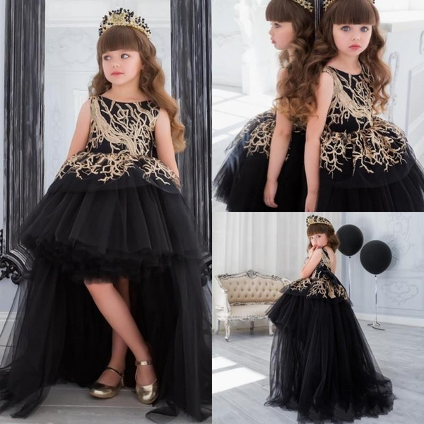 Pretty Gold Sequins Flower Girl Dress With Train Black Ball Gown Hi Lo Little Girls Pagesnt Dress Tiered Formal Gowns For Kids