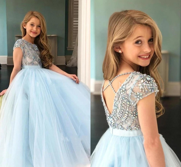 Lovely Light Sky Blue Girls Pageant Dresses Rhinestones Beaded Top Sheer Cap Sleeve Ribbon Belt Long Kids Formal Party Gowns Birthday Dress