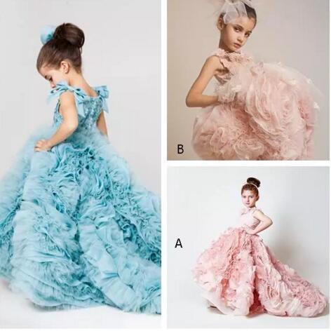 Blush Pink Girls Pageant Dresses Ball Gowns Cascading Ruffles Unique Designer Child Glitz Pageant Ball Gowns with Handmade Flowers BO38