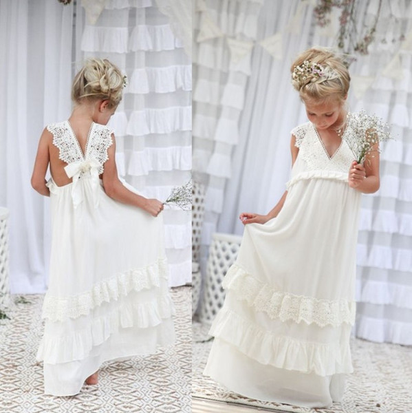 Cheap White Boho Flower Girl Dresses For Country Beach Garden Weddings A Line Lace Chiffon Long Kids First Communion Birthday Gowns