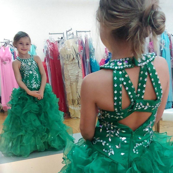 Princess Hunter Green Girls Pageant Dresses Beaded Crystals Halter Neck Criss Cross Back Ruffles Organza Puffy Long Girl Formal Gowns BA1291