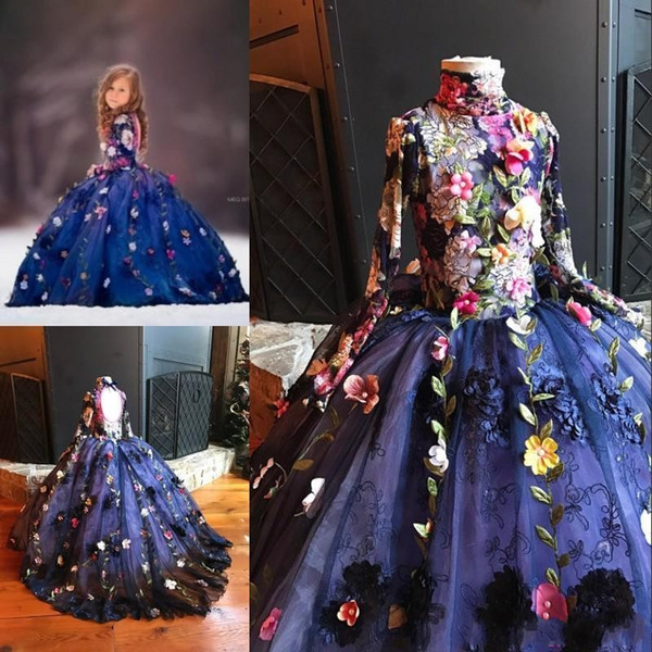 Princess Royal Blue Lace Floral Girls Pageant Dresses Handmade Flower High Neck Long Sleeve little princess formal occasion dres