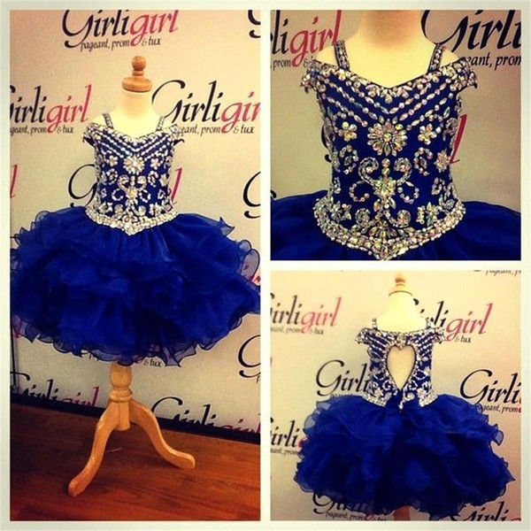 Cute Royal Blue Organza Girls Pageant Dresses Sparkling Beads Rhinestones Ruffles Layer Kids Formal Wears Pageant Gowns Off Shoulders