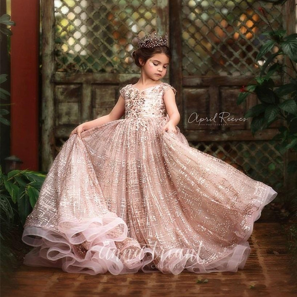 Glitz Little Girls Pageant Dresses Lace 3D Floral Appliqued Beads Jewel Neck Lace Flower Girl Dress for Wedding Party Gowns Princess