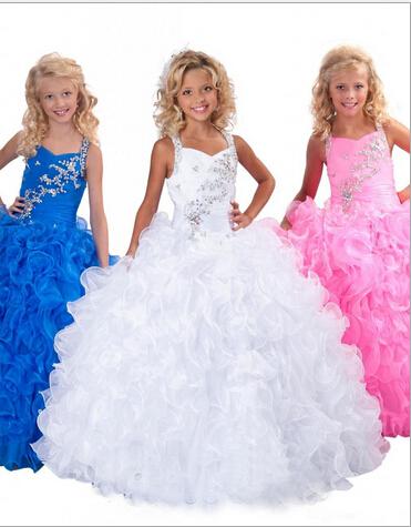 White Little Girl's Pageant Dresses Beaded Ruffles Organza Ball Gown Floor Length Flower Girl Dresses RG6139