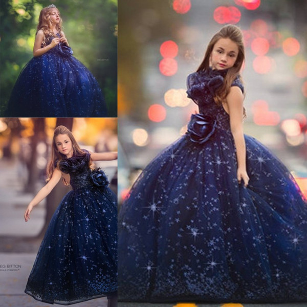 Luxury Royal Blue Girls Pageant Dresses Princess Ball Gown Crew Neck with Big Sequins Ruffles Flowers Kids Formal Flower Girls Gowns