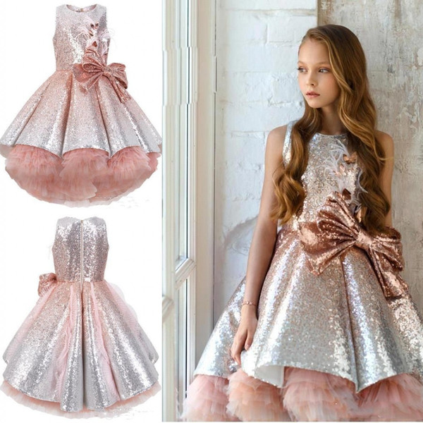 Shiny Sequins Girls Pageant Dresses Little Kids Puffy Party Prom Dress Flower Girls Dresses With Big Bow Knot BC8254