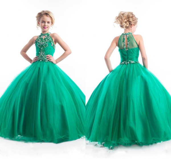 Green Girls Pageant Dresses New Beaded Halter Neck Rhinestones Crystals Tulle Ruched Long Kids Formal Party Prom Gowns BA0248