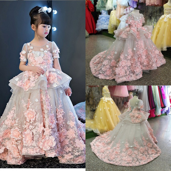 Beautiful Petal Powers Pink Flora Girl Pageant Dress Sheer Neck Short Sleeve Appliqued With Lace-up Back Long Kids Formal Prom Evening Gowns