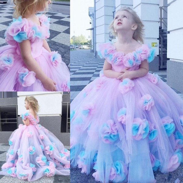 New Colorful Girls Pageant Dresses Ball Gown Cap Sleeves Puffy Ruched Little Kids Formal Party Gowns Flower Girl Dress