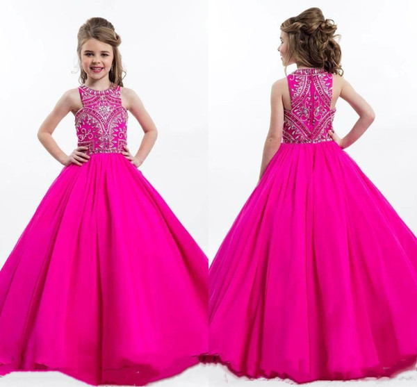 Fuchsia Cute Girls Pagenat Dresses Crystals Beaded Top Sleeveless Princess Long Kids Formal Party Gowns Flower Girl Dress BC1087