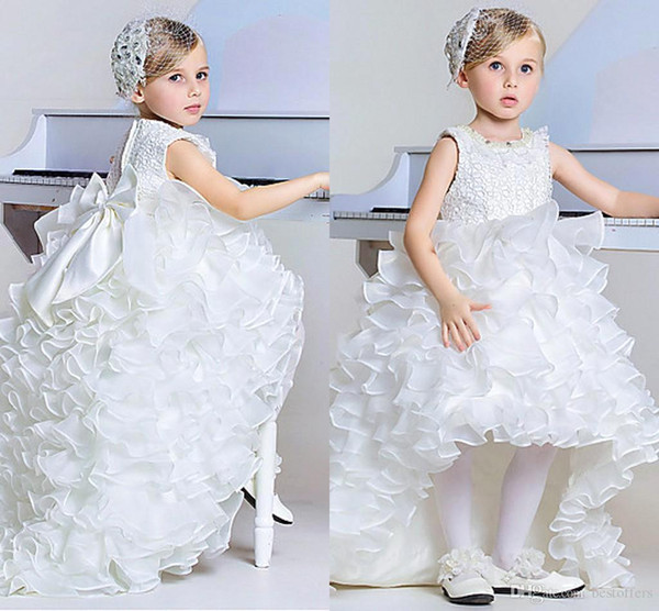 Ball Gown Girl's Pageant Dresses A Line High Low Tiers Organza Ruffles Princess Kids Formal Party Wears Flower Girl Dresses Bow Sash