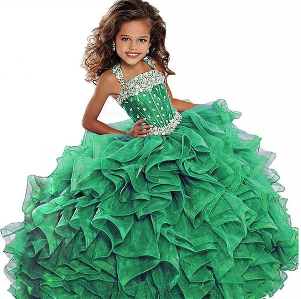 Emerald Green Girls Pageant Dress Ball Gown Organza Crystals Ruffled Girls Formal Party Celebrity Gown Flower Girl Dress BA7922