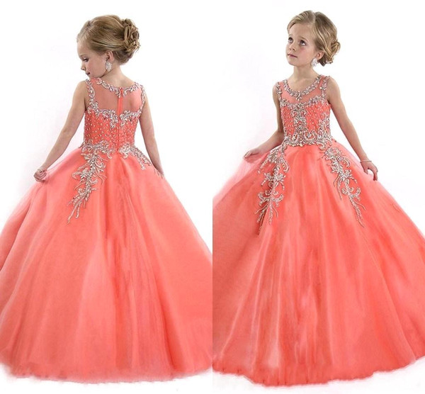 Little Kids Girls Pageant Dresses for Teens Princess Tulle Jewel Crystal Beading Coral Kids Flower Girls Dress Birthday gowns BO8908