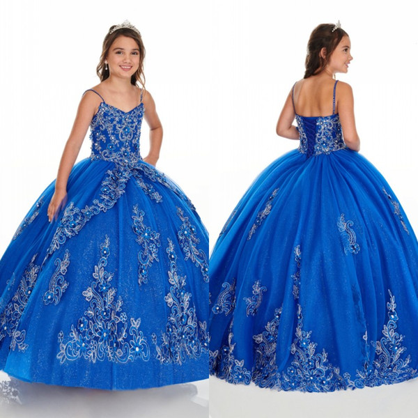 Royal Blue 3D Gold Lace Applique Girls Pageant Dresses With Jacket Lace Up Spaghetti Straps Flower Girls Birthday Dress