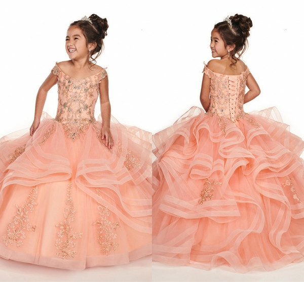 Tier Ruffles Coral Girl Pageant Dresses New Off the Shoulder Corset Back Flower Girl Dress With Beads Crystals For Teens Party Dress