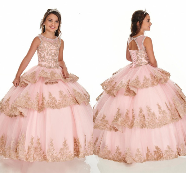 Luxury Princess Pink Red Ball Gown Girls Pageant Dresses Appliques Beads Tier Ruffles Corset Back Kids Toddler Formal Quinceanera Gown