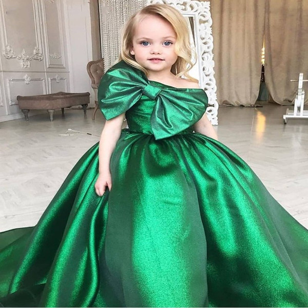 Emerald Green Girls Pageant Dresses Big Bow Front Arabic Little Kids Toddler Party Prom Gowns Flower Girl Dress Cheap