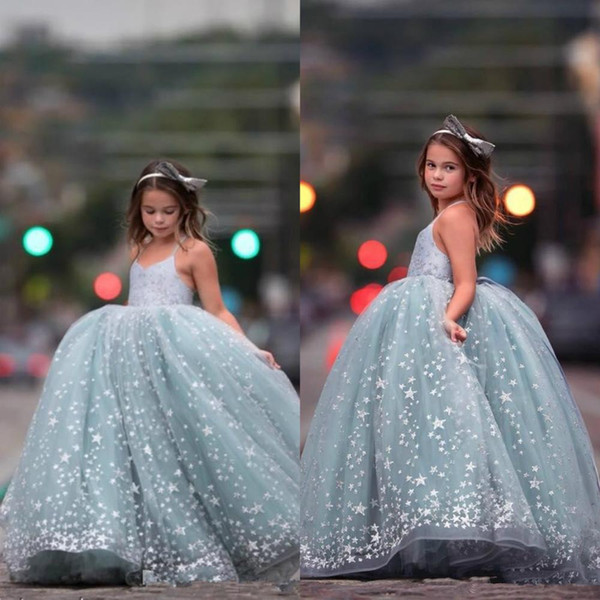 Adorable Blue Sequined Shiny Stars Girls Pageant Dresses For Teens Formal Party Wear Gowns A Line Spaghetti Strap Sleeveless Long Prom Dress