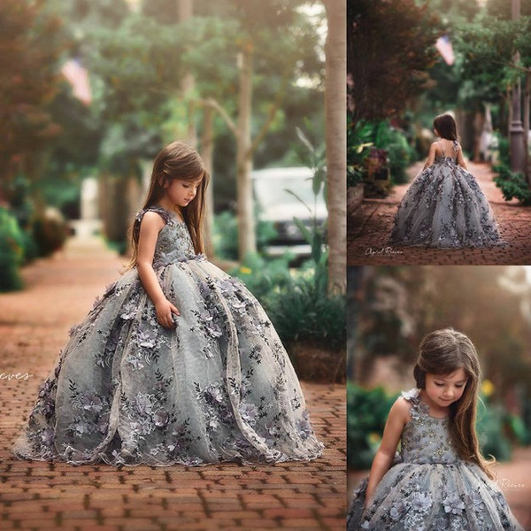 Gray New 3D Lace Applique Boho Country Girls Pageant Dresses Ball Gown Sheer Neck Kids Flower Girl Birthday Dresses