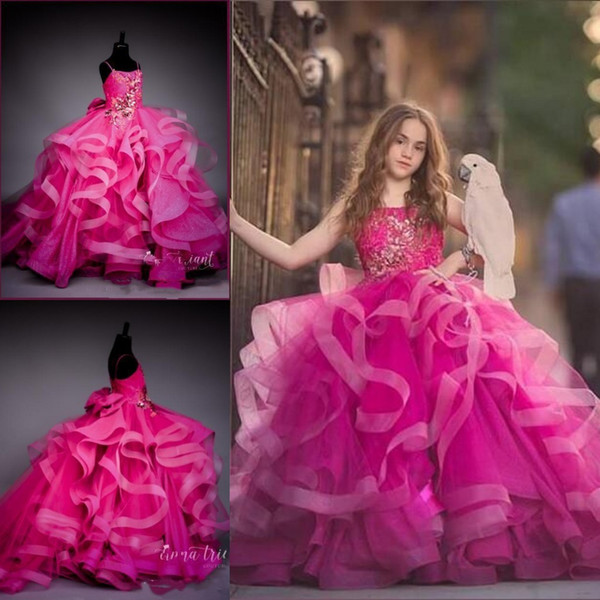 Lovely Fuchsia Ball Gown Girls Pageant Dresses Crystals Beaded Girl Formal Party Birthday Dress Flower Girl Dress For Weddings