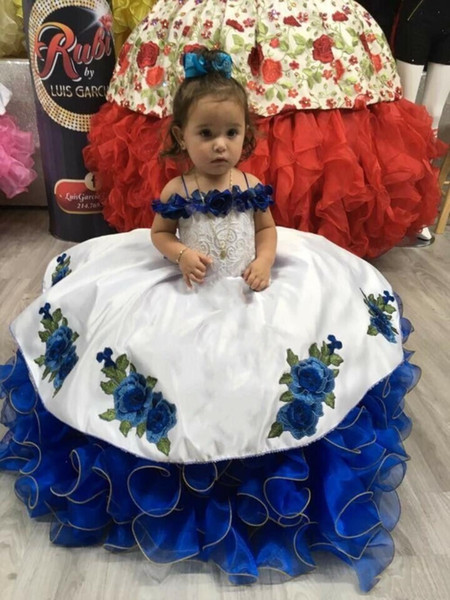 Adorable White With Royal Blue Layers Girl Pageant Dresses New Off Shoulder Emboridery Appliques Tutu Puffy Kids Formal Flower Dress