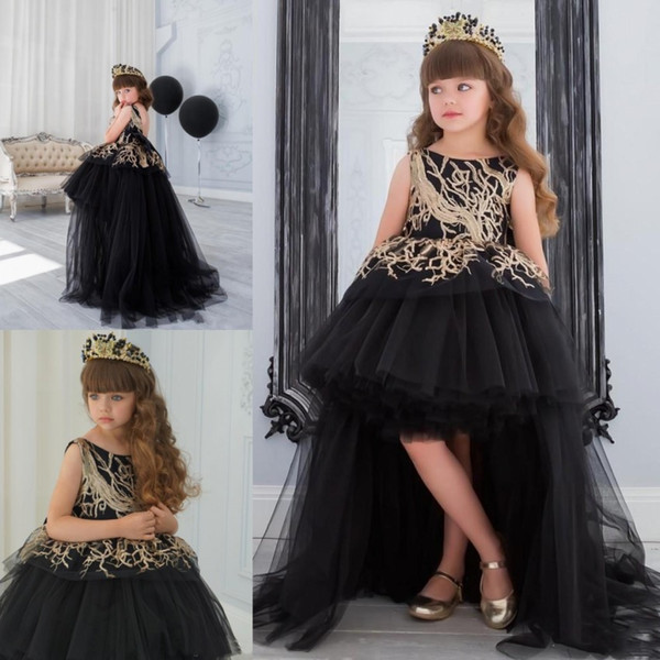 Lovely Black High Low Girl Pageant Dresses Tulle Ruffles With Gold Sequins Crew Neck Puffy Flower Girl Dress Prom Birthday Wears