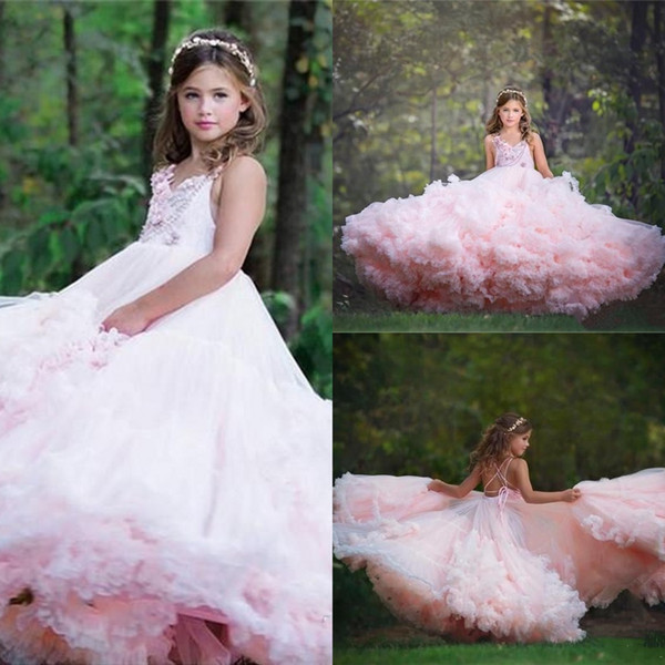 Tier Ruffle Skirt Pink Girl Pageant Dresses Adorable Kids Birthday Communion Gowns Spaghetti Strap Criss-Corss Back Flower Girl Dress