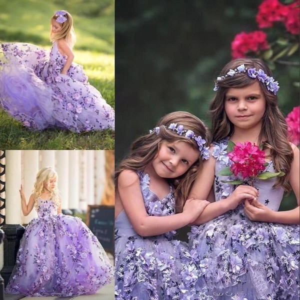 Lavender Girl Pageant Dresses With 3D Floral Applique V-Neck Lace-Up Backless Lovely Kids Toddler Formal Party Gowns Formal BC1137