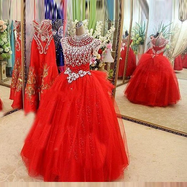 Luxury Red Girls Pageant Dresses With Silver Beaded Crystals Princess High Neck Cap Sleeve Puffy Ball Gown Girls Quinceanera Dress Party